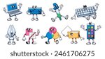Graphic design mascots. Creative tools for digital artists, laptop computer character, pen and dropper tool, color pallet cartoon vector illustration set of mascot drawing laptop expression