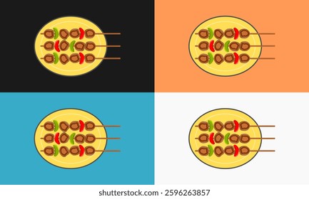 a graphic design of meat satay with green and red peppers on a plate