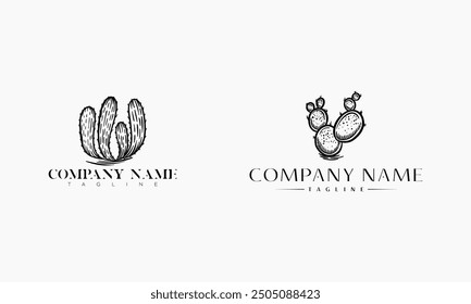 A graphic design mockup featuring two hand-drawn cactus illustrations, suitable for a company logo or branding.