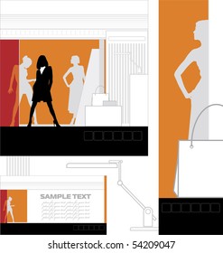 Graphic design, modern interior. This consists of interior design store and a discount card. Nearby there is a table lamp.