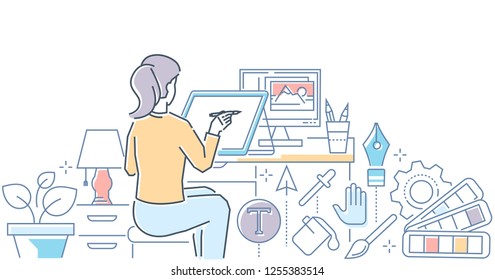 Graphic design - modern line design style vector illustration on white background. High quality composition with a female specialist working at the tablet, drawing, tools for editing images, photos