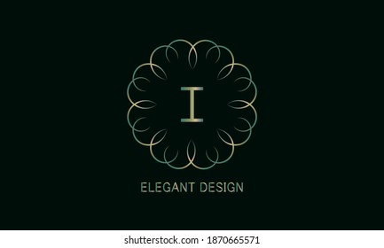 Diseño gráfico del monograma con una letra decorativa I. Emblema para la industria de la moda, la belleza y la joyería, firma, símbolo de negocio, tarjetas de felicitación, invitaciones, menús, etiquetas.