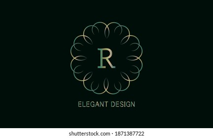 Diseño gráfico del monograma con una letra decorativa R. Emblema para la industria de la moda, la belleza y la joyería, firma, símbolo de negocio, tarjetas de felicitación, invitaciones, menús, etiquetas.