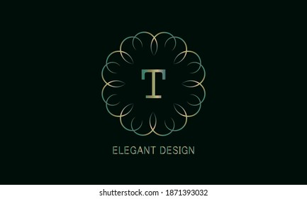 Graphic design of the monogram with a decorative letter T. Emblem for fashion, beauty and jewelry industry, sign, business symbol, greeting cards, invitations, menus, labels.