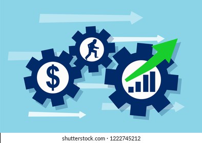 Graphic design of moving blue gears with symbols of business rotating in mechanism giving growth