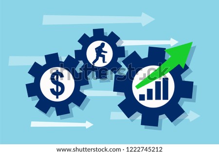 Graphic design of moving blue gears with symbols of business rotating in mechanism giving growth