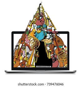 Graphic Design of Music Online. Isolated Laptop with Hand Drawn Doodles. Illustration With Different Music Instruments.