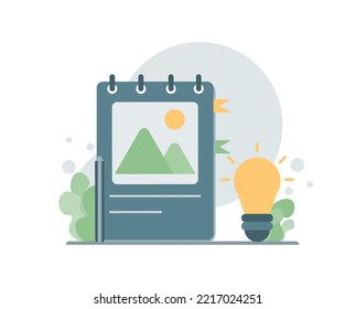 Graphic design notepad and bulb idea creativity. Creative process on white background. Vector illustration
