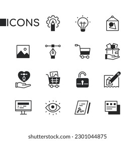 Graphic design and office - set of line design style icons isolated on white background. High quality images of pencil, painting, shopping cart, sketch, monitor, signed document, eye and lock