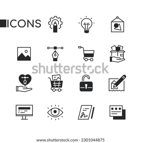 Graphic design and office - set of line design style icons isolated on white background. High quality images of pencil, painting, shopping cart, sketch, monitor, signed document, eye and lock