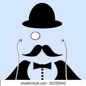 graphic design of old time gentleman wearing bowler hat and monocle with modern earphones