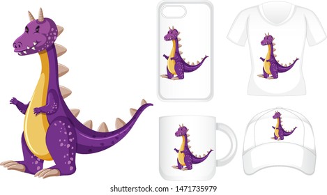 Graphic design on different products with purple dragon illustration