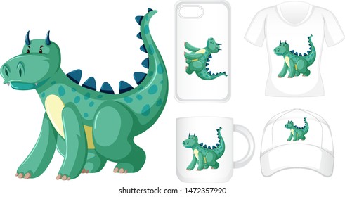 Graphic design on different products with green dragon illustration