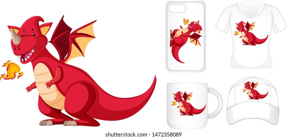 Graphic design on different products with red dragon illustration