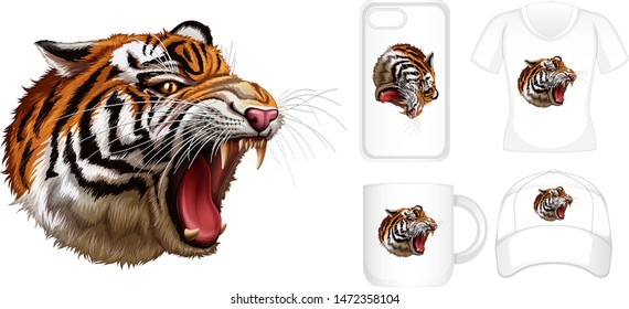 Graphic design on different products with wild tiger illustration