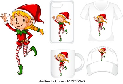 Graphic design on different products with christmas elf illustration