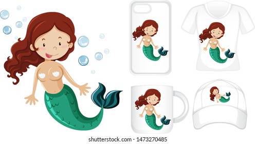 Graphic design on different products with mermaid illustration