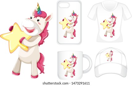 Graphic design on different products with unicorn and star illustration