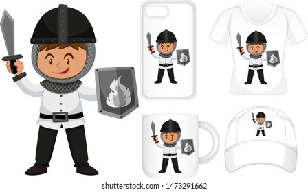 Graphic design on different products with knight illustration