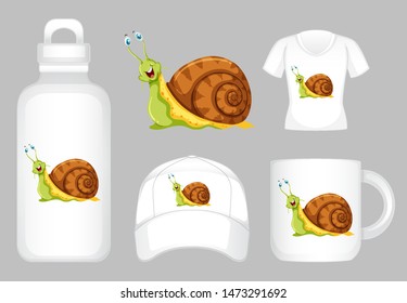 Graphic design on different products with cute snail illustration