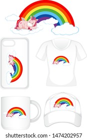 Graphic design on different products with unicorn on rainbow illustration