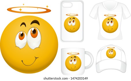 Graphic design on different products with happy face illustration