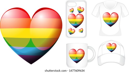 Graphic design on different products with rainbow heart illustration