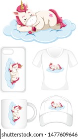 Graphic design on different products with unicorn sleeping illustration