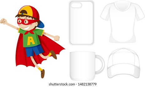 Graphic design on different products with boy in hero costume illustration
