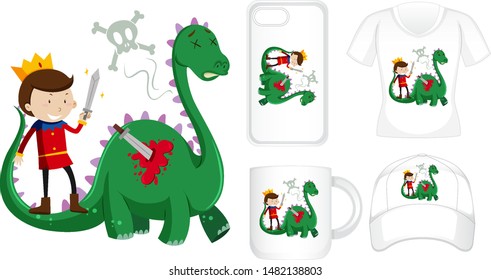Graphic design on different products with knight and dragon illustration