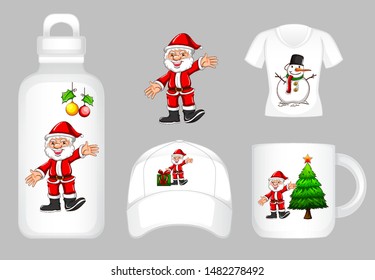 Graphic design on different products with Santa and christmas illustration