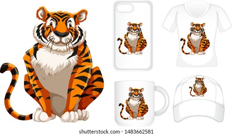 Graphic design on different products with tiger illustration