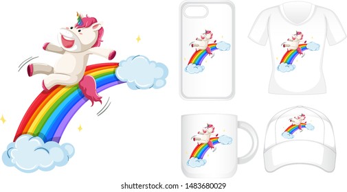 Graphic design on different products with unicorn on rainbow illustration