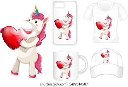 Graphic design on different products with unicorn holding heart illustration