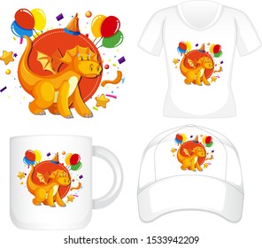 Graphic design on different products with orange dragon illustration