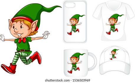 Graphic design on different products with christmas elf illustration