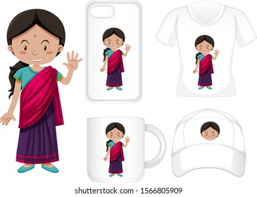 Graphic design on different products with Indian girl illustration