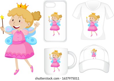 Graphic design on different products with fairy illustration