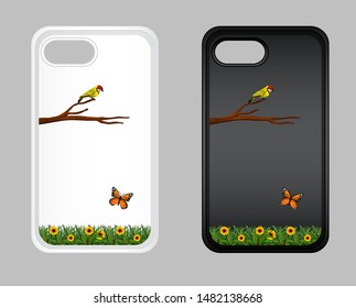 Graphic design on mobile phone case with bird and butterfly illustration