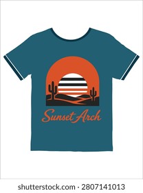 A graphic design on a teal tshirt shows a desert sunset with cacti and undulating hills plus text
