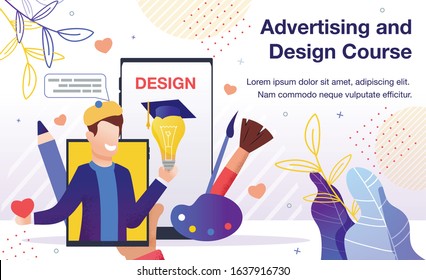 Graphic Design Online Course, Art Workshop Seminar, Distance Education Service Advertising Banner, Promotion Poster. Man Studying Painting, Artist Teaching Student Trendy Flat Vector Illustration