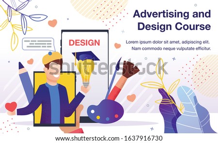 Graphic Design Online Course, Art Workshop Seminar, Distance Education Service Advertising Banner, Promotion Poster. Man Studying Painting, Artist Teaching Student Trendy Flat Vector Illustration