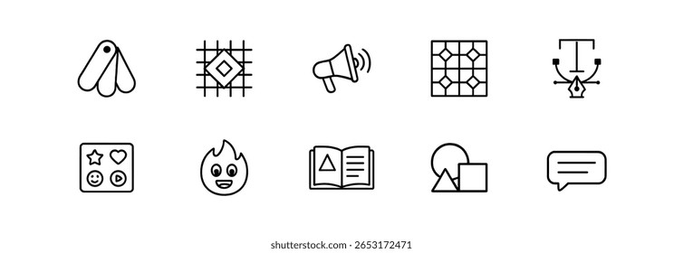 Conjunto de iconos de contorno de Diseño gráfico. Herramientas, creatividad, diseño y tipografía