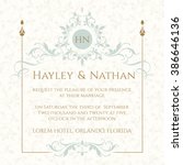 Graphic design page. Wedding invitation. Decorative floral frame and monogram. Template for greeting cards, invitations, menus.