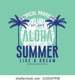 graphic design with palm and tropical leaf as vector for tee print
