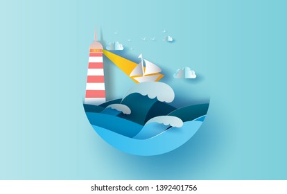 Graphic design paper cut and craft.Summertime season for card and poster background. Lighthouse with boat on sea view.Creative idea use pastel color tone.Vector. illustration.EPS10 .