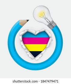 
Graphic design, passion and creativity.
Illustration of Torn paper heart with cmyk colors and creative pencil with bulb.  Vector available.