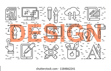 Graphic design pattern with grey linear icons. Line style designer background with text "Design".