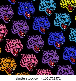 Graphic design pattern print with many angry neon heads wild tiger which are colorful like rainbow Modern vector illustration clothes t shirt sweatshirt poster sticker.