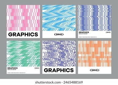 Graphic design pattern set square pixel weaving distorted twist mosaic digital bold line trendy modern pastel color unique urban style tech futuristic artwork concept cover flyer fabric texture poster